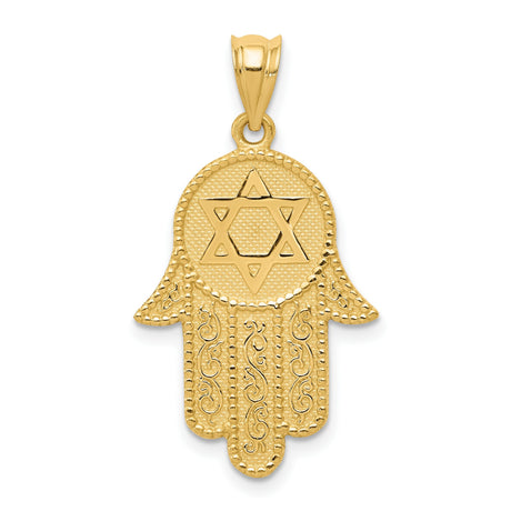14k Yellow Gold Hamsa Hand Pendant with Star of David, Jewish Faith Amulet for Women or Unisex Wear