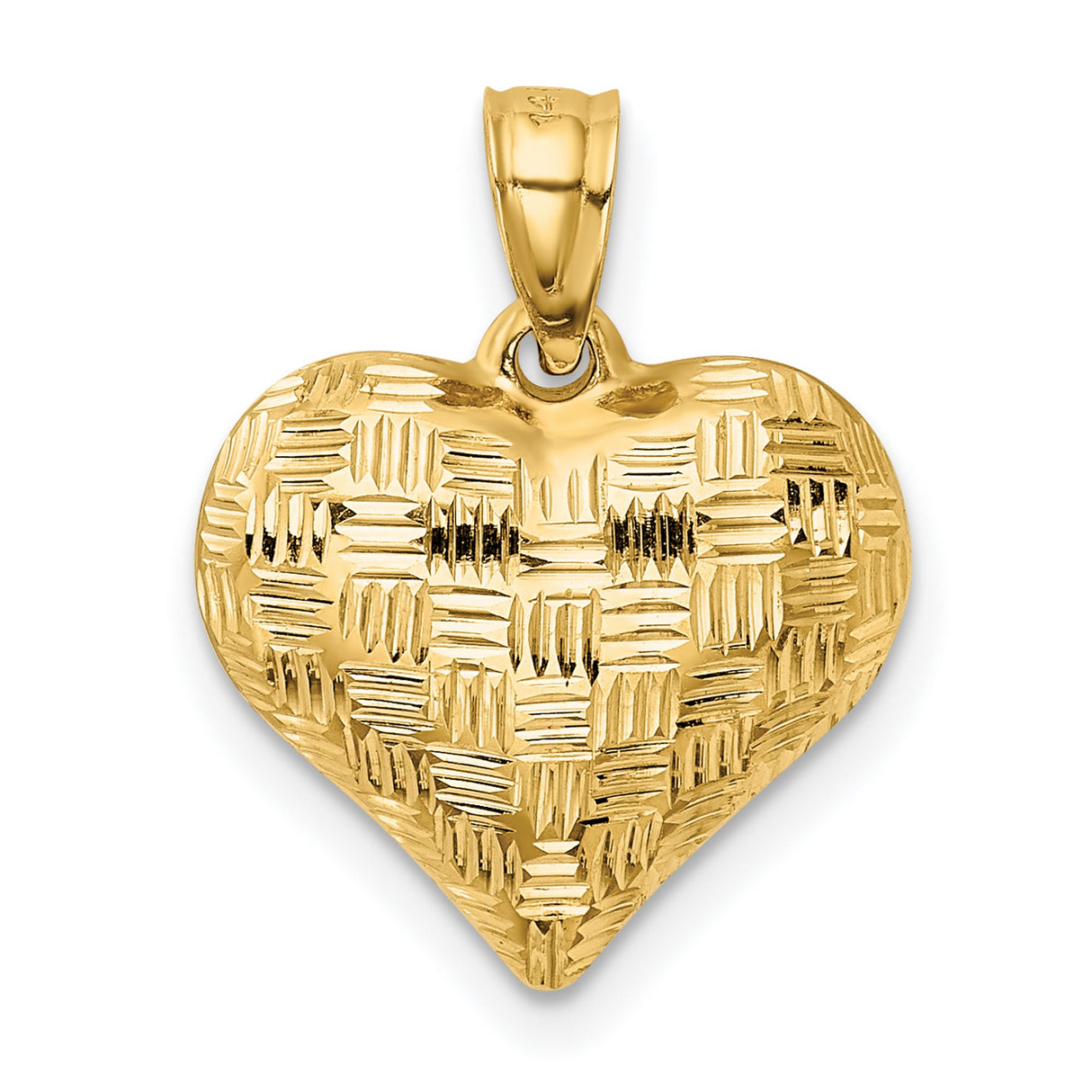 14k Yellow Gold Heart Pendant with Textured Diamond Cut Design, Puffy Romantic Style
