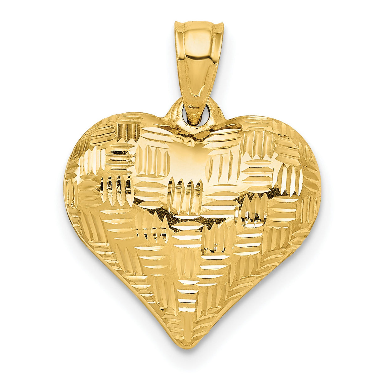 14k Yellow Gold Heart Pendant with Textured Diamond Cut Design, Puffy Romantic Style