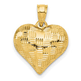 14k Yellow Gold Heart Pendant with Textured Diamond Cut Design, Puffy Romantic Style
