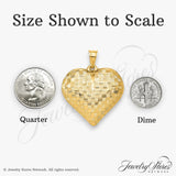 14k Yellow Gold Heart Pendant, Textured Puffed Basketweave Charm for Women