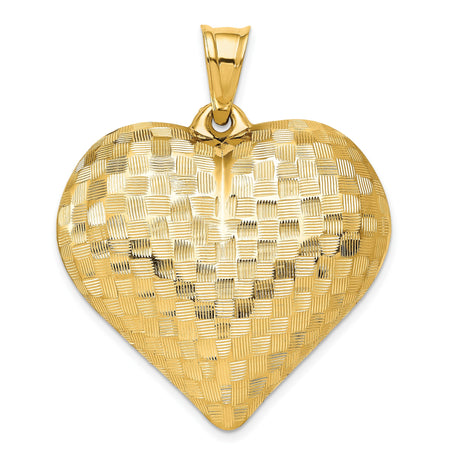 14k Yellow Gold Heart Pendant, Textured Puffed Basketweave Charm for Women