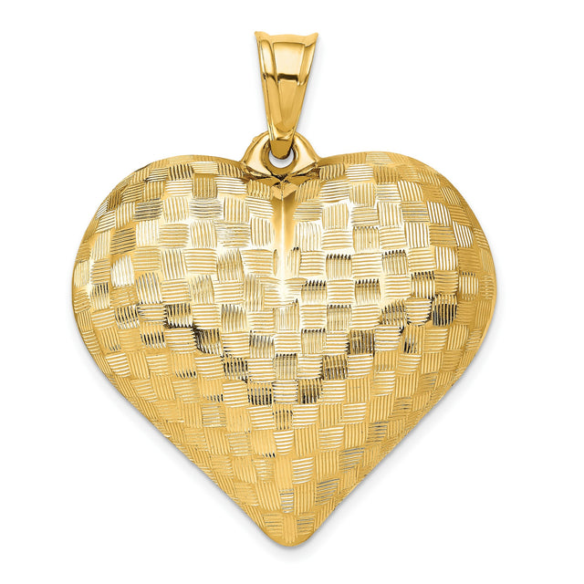 14k Yellow Gold Heart Pendant, Textured Puffed Basketweave Charm for Women