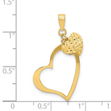 14k Yellow Gold Heart Pendant with Textured Solid and Polished Open Heart Design