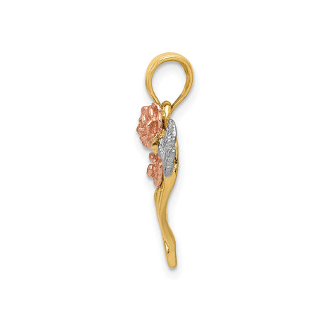 14k Two-Tone Gold Heart Pendant with Rose and White Gold Floral Accents