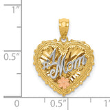 #1 Mom With Flower In Shadowbox Heart Charm Pendant in Real 14k Multi-Tone Gold