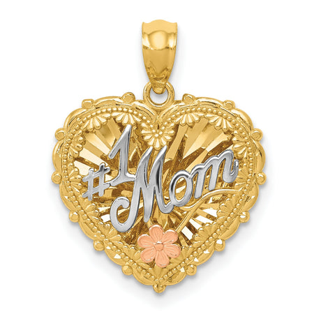 #1 Mom With Flower In Shadowbox Heart Charm Pendant in Real 14k Multi-Tone Gold