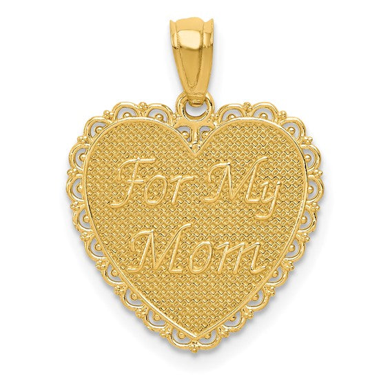 14k Yellow Gold Heart Pendant with Textured Background and Filigree Border for Mom