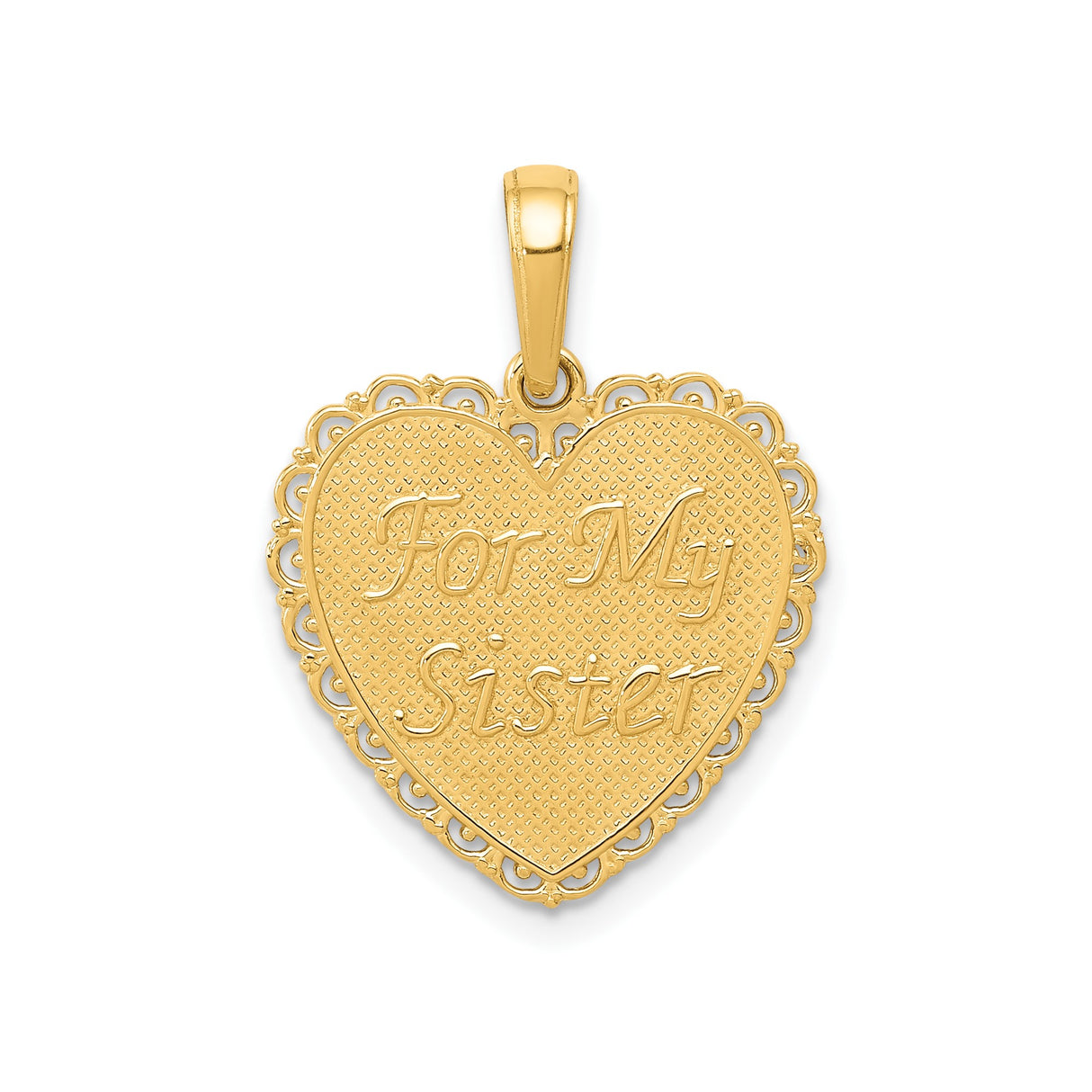 14k Yellow Gold Heart Pendant with Filigree Edges and For My Sister Engraving