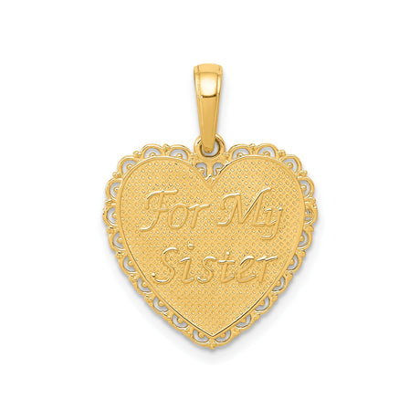 14k Yellow Gold Heart Pendant with Filigree Edges and For My Sister Engraving