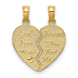 14k Yellow Gold Break Apart Heart Pendant, Christian Inscribed Dual Piece Jewelry for Couples