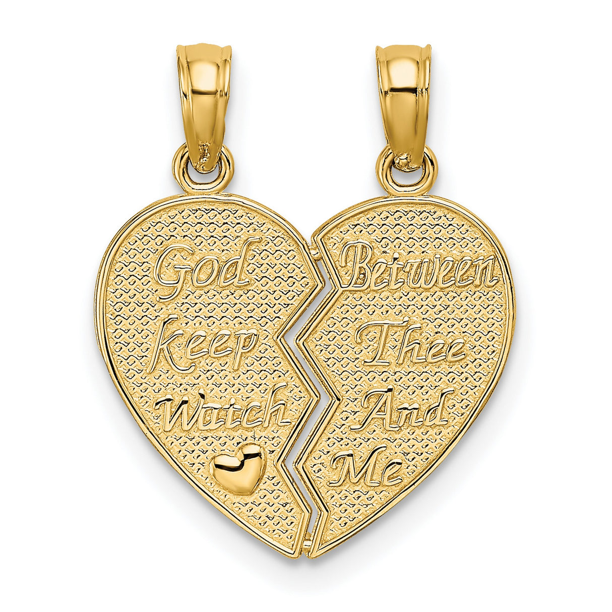 14k Yellow Gold Break Apart Heart Pendant, Christian Inscribed Dual Piece Jewelry for Couples