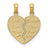 14k Yellow Gold Break Apart Heart Pendant, Christian Inscribed Dual Piece Jewelry for Couples