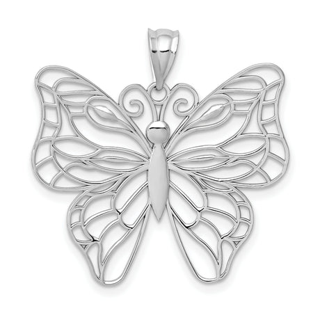 Large Polished Open Wing Butterfly Charm Pendant in Real 14k White Gold