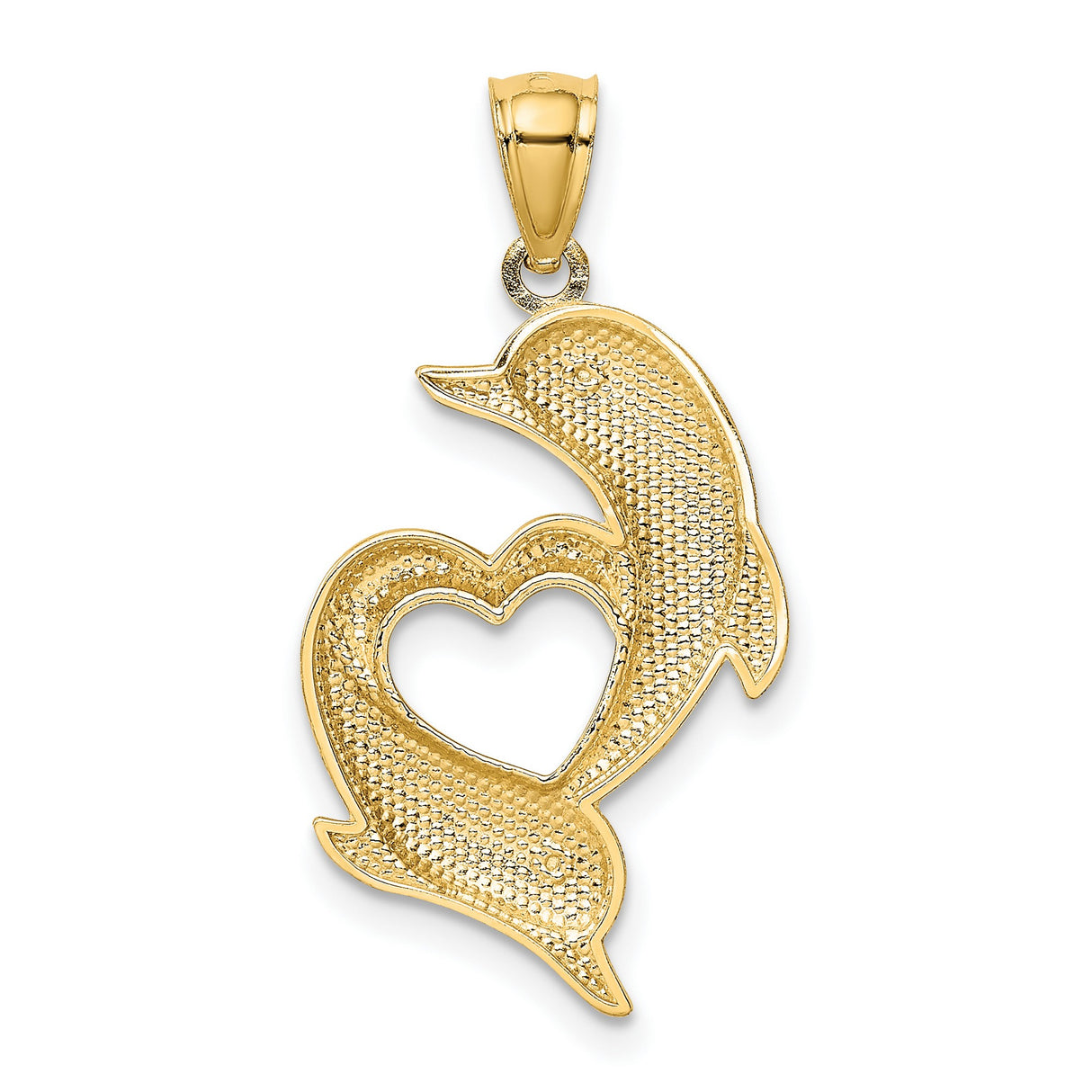 Polished And Textured Swimming Dolphins Forming Heart Charm Pendant in Real 14k Yellow Gold