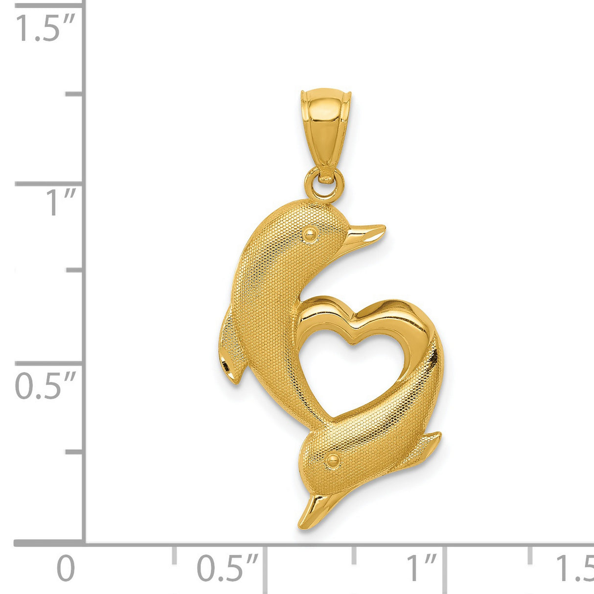 Polished And Textured Swimming Dolphins Forming Heart Charm Pendant in Real 14k Yellow Gold
