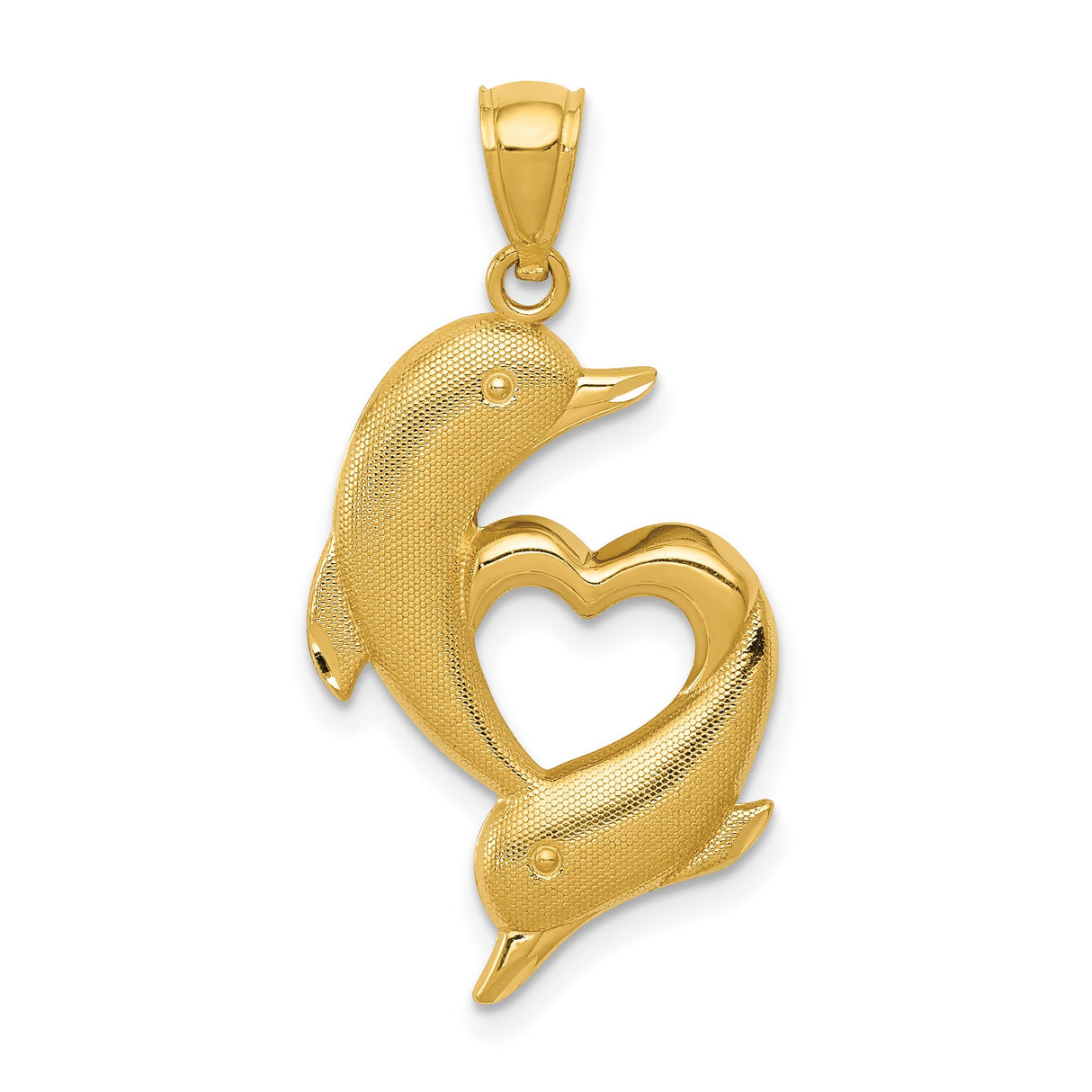 Polished And Textured Swimming Dolphins Forming Heart Charm Pendant in Real 14k Yellow Gold