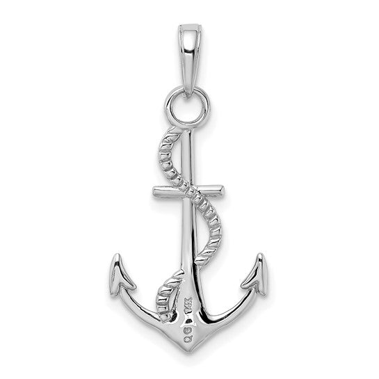 14k White Gold Anchor Pendant with Rope and Cross Design, Nautical Christian Charm