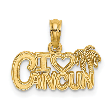 14k Yellow Gold Pendant with Heart and Palm Tree Design, I Love Cancun Travel Charm