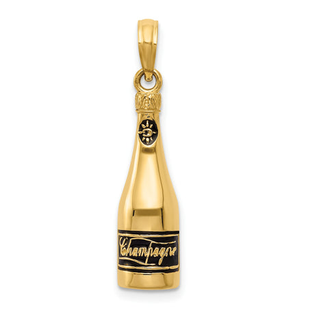 14k Yellow Gold Champagne Bottle Pendant, 3D Celebration Charm with Bold Script Engraving