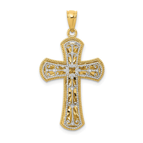 14k Two-Tone Gold Cross Pendant with Filigree, Beaded Edges, and Floral Accents