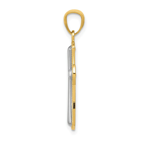 14k Multi-Tone Gold Flared Cross Pendant with Silver Center and Beaded Edge