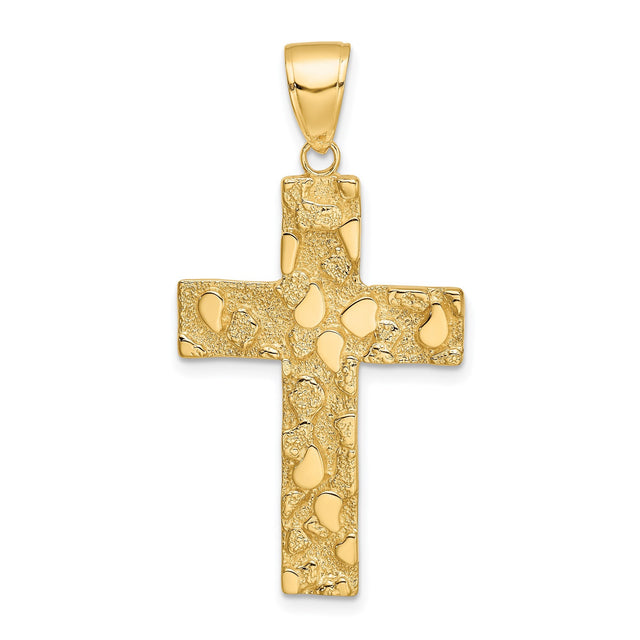 14k Yellow Gold Cross Pendant with Nugget Texture and High Polish Finish