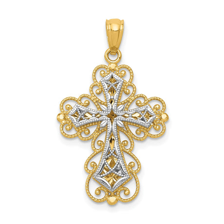 14k Two-Tone Gold Filigree Cross Pendant with Milgrain Texture and Openwork Design