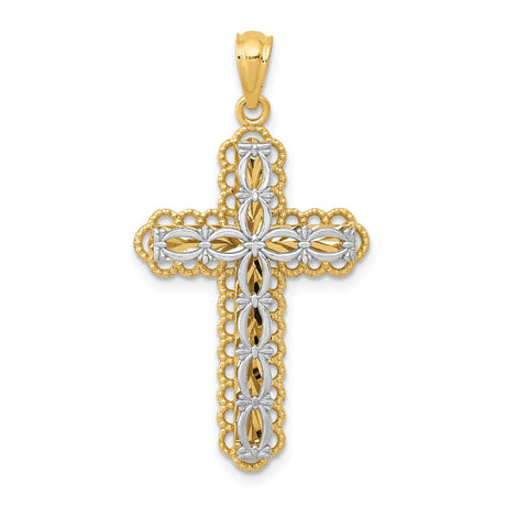 14k Multi-Tone Gold Cross Pendant with Floral Motif and Openwork Design