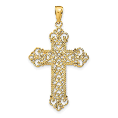 14k Yellow Gold Cross Pendant with Openwork Rope Frame and Filigree Twisted Detail
