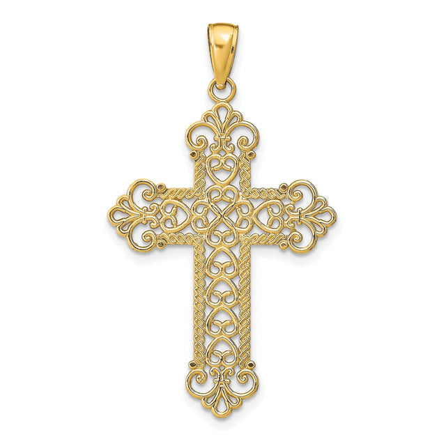 14k Yellow Gold Cross Pendant with Openwork Rope Frame and Filigree Twisted Detail