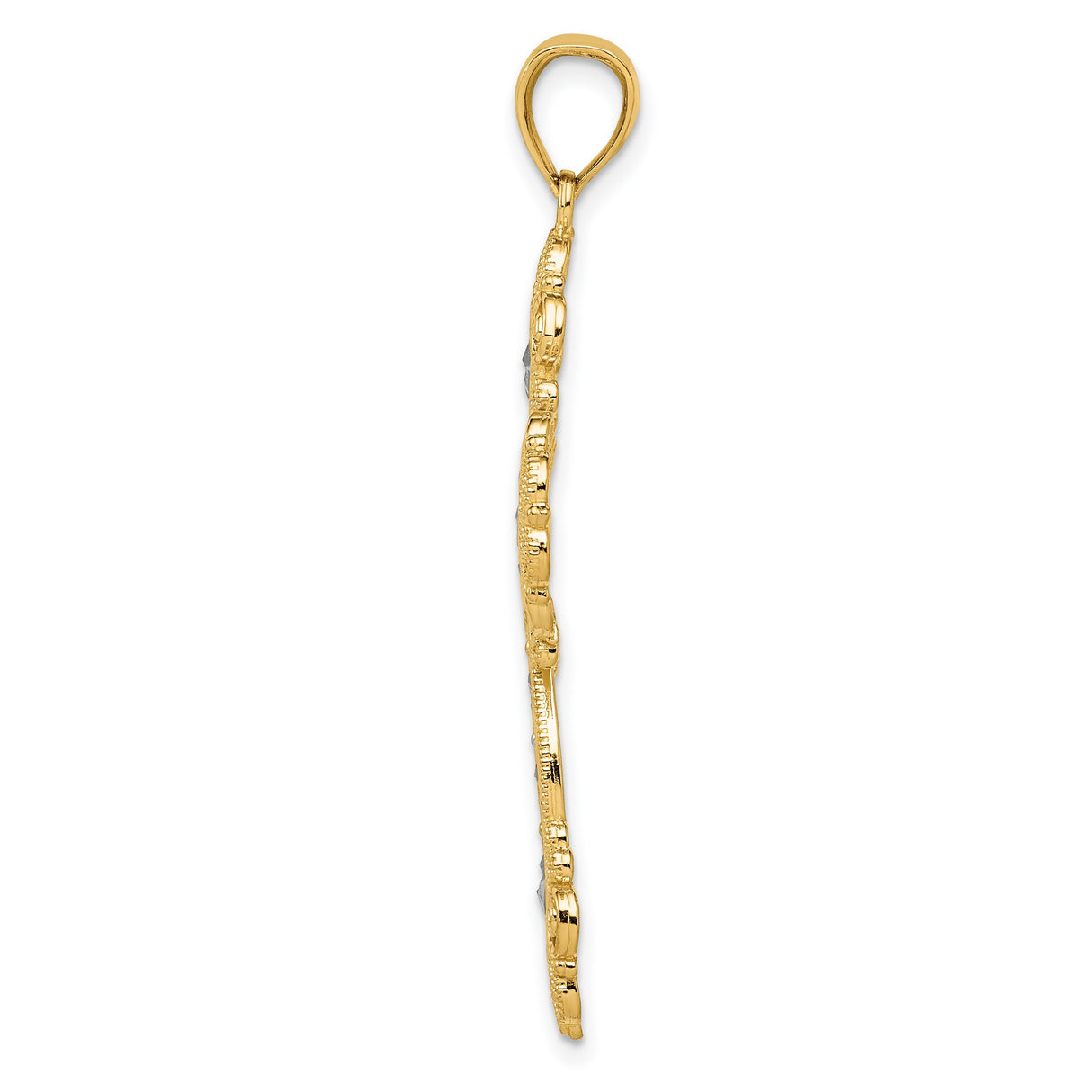 Textured Diamond Pattern Filigree Style Budded Cross Charm Pendant in Real 14k Multi-Tone Gold