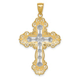 Textured Diamond Pattern Filigree Style Budded Cross Charm Pendant in Real 14k Multi-Tone Gold
