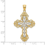 Textured Diamond Pattern Filigree Style Budded Cross Charm Pendant in Real 14k Multi-Tone Gold