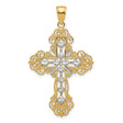 Textured Diamond Pattern Filigree Style Budded Cross Charm Pendant in Real 14k Multi-Tone Gold