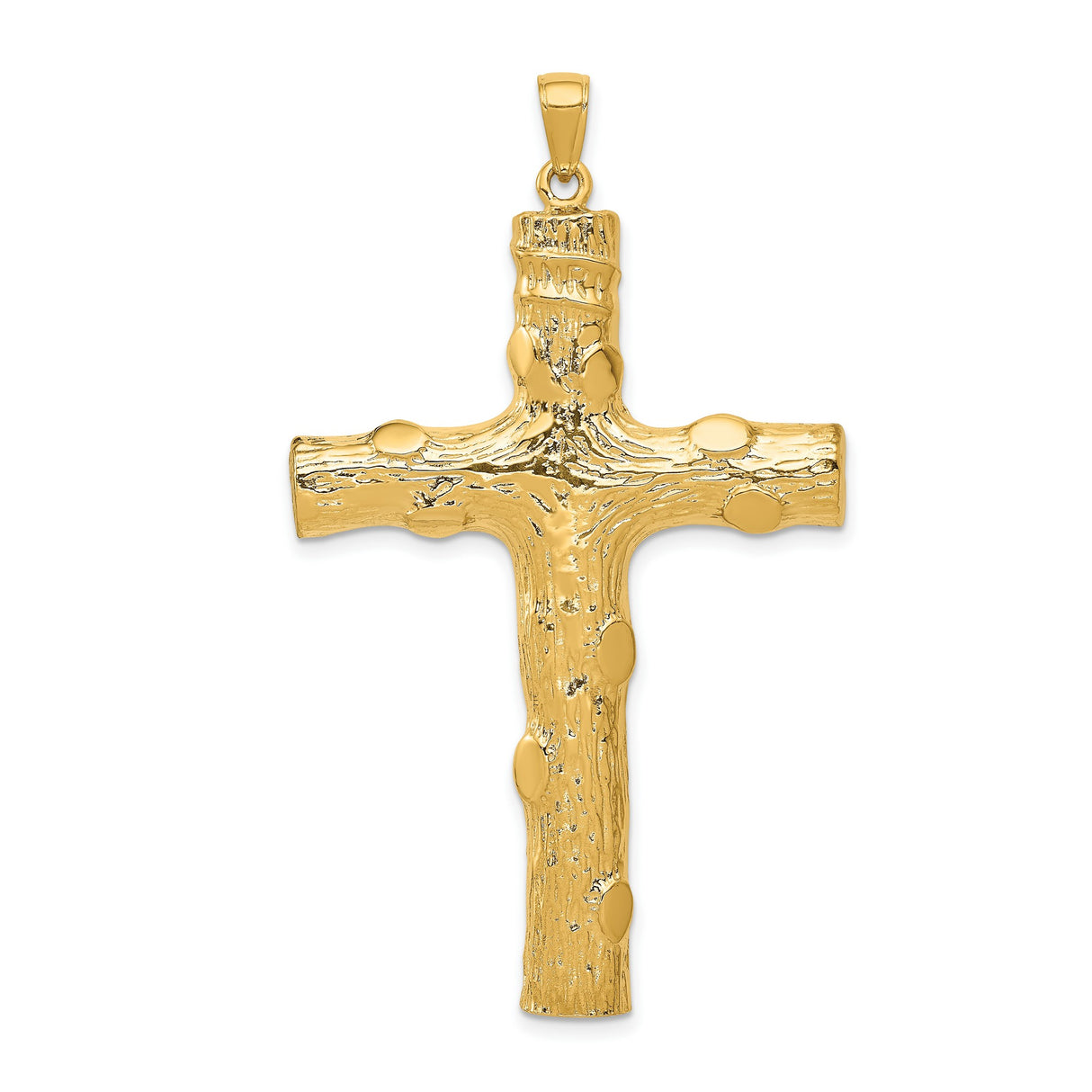 Large Textured Tree Trunk Style Latin Cross Charm Pendant in Real 14k Yellow Gold