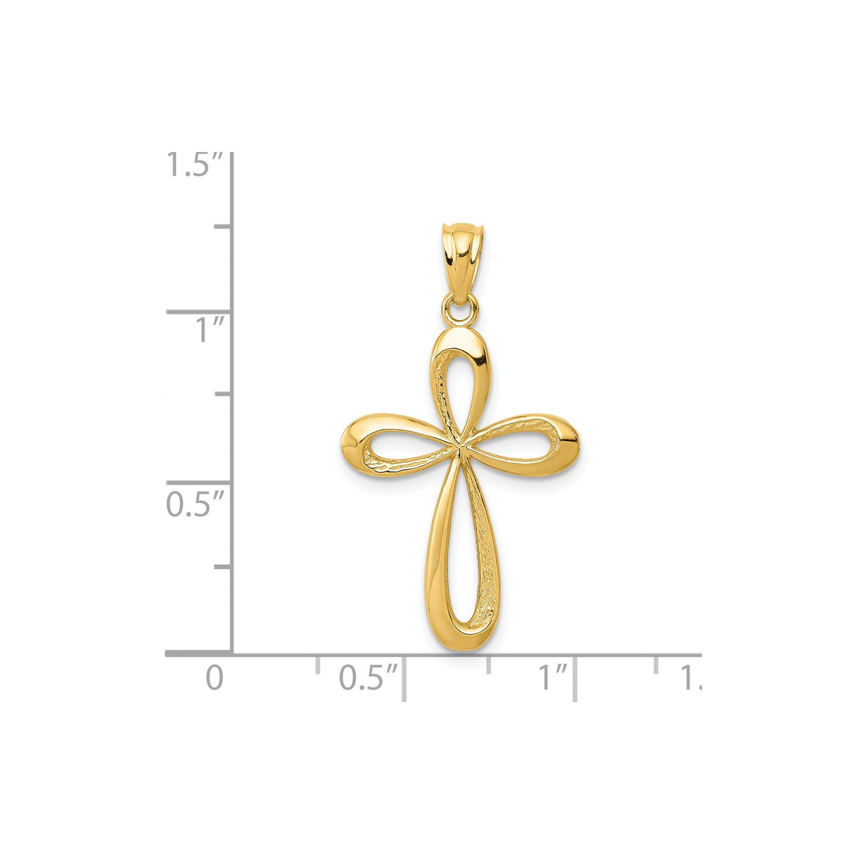 14k Yellow Gold Cross Pendant, Modern Open Ribbon Design, Polished Latin Style