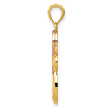 Open Ribbon Style Latin Cross With Pink Awareness Ribbon Charm Pendant in Real 14k Multi-Tone Gold