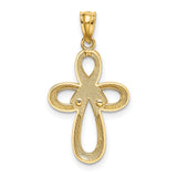 Open Ribbon Style Latin Cross With Pink Awareness Ribbon Charm Pendant in Real 14k Multi-Tone Gold