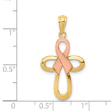 Open Ribbon Style Latin Cross With Pink Awareness Ribbon Charm Pendant in Real 14k Multi-Tone Gold