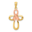 Open Ribbon Style Latin Cross With Pink Awareness Ribbon Charm Pendant in Real 14k Multi-Tone Gold