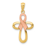 Open Ribbon Style Latin Cross With Pink Awareness Ribbon Charm Pendant in Real 14k Multi-Tone Gold