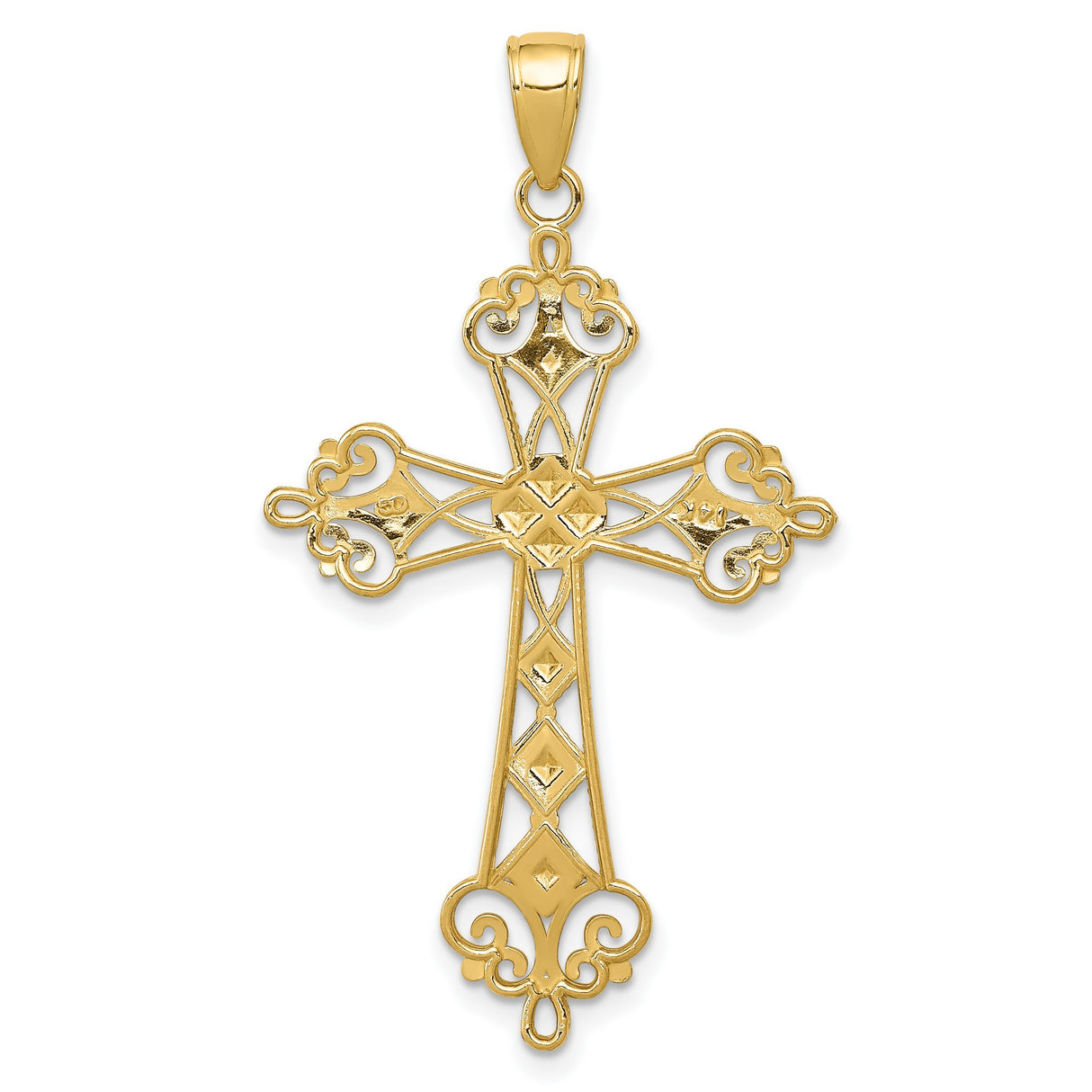 Fleur De Lis Cross With Rhodium Center Accent Charm Pendant in Real 14k Multi-Tone Gold