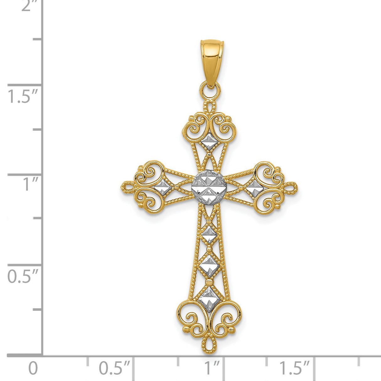 Fleur De Lis Cross With Rhodium Center Accent Charm Pendant in Real 14k Multi-Tone Gold