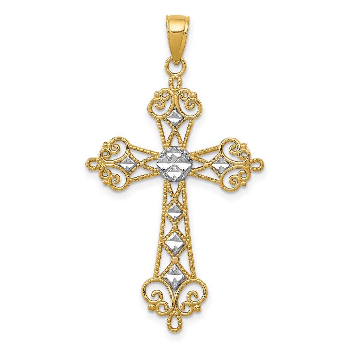 Fleur De Lis Cross With Rhodium Center Accent Charm Pendant in Real 14k Multi-Tone Gold