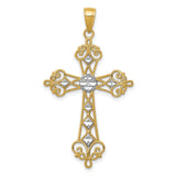 Fleur De Lis Cross With Rhodium Center Accent Charm Pendant in Real 14k Multi-Tone Gold
