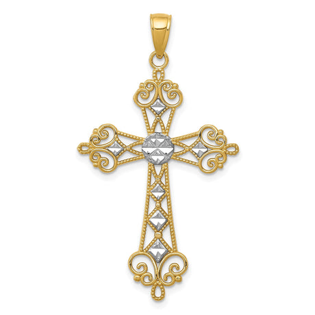 14k Multi-Tone Gold Fleur De Lis Cross Pendant with Rhodium Accents and Filigree Scrollwork