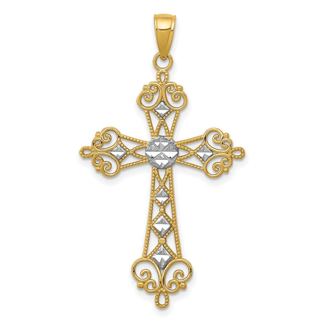 Fleur De Lis Cross With Rhodium Center Accent Charm Pendant in Real 14k Multi-Tone Gold