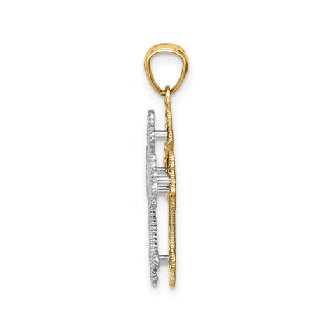 14k Two-Tone Gold Cross Pendant with Filigree, Beaded Trim, Heart Cut-Out, and Diamond-Cut Detail