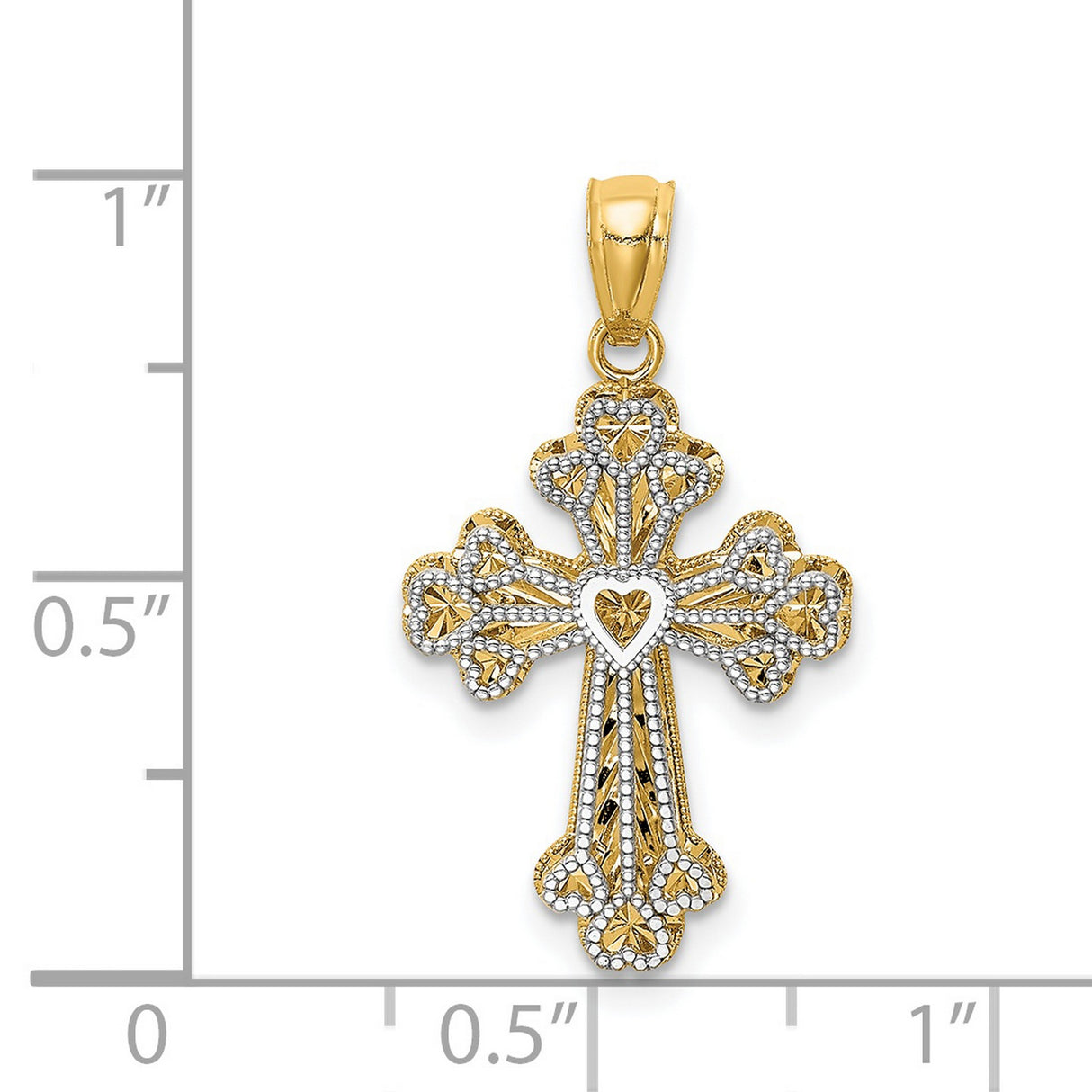 Reversible Filigree Budded Cross With Heart Charm Pendant in Real 14k Multi-Tone Gold